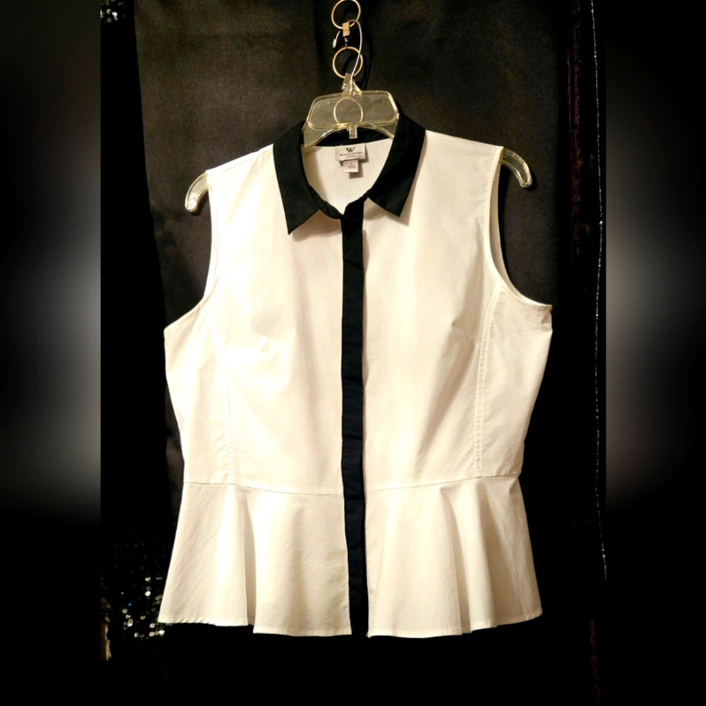 Linea by Louis Dell'Olio White and Black Peplum Blouse with Peter Pan Collar